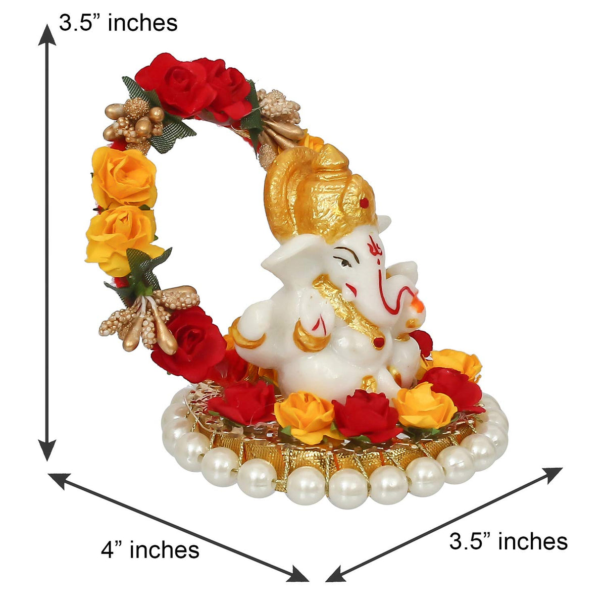 Resin Lord Ganesha Idol On Decorative Rose Flower Plate- Ganesha Idol for Home Decor Car Dashboard- Ganesha Statue- Ganesh Murti- Ganpati Murti God Statue Gift for Diwali Housewarming