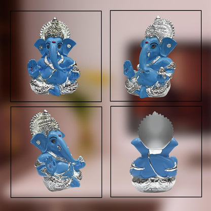 999 Silver Plated Ganesha Idol for Home Decor Puja |Ganesh Idol for Home Decor Ganpati for Gift 3.5 inches |Ganesh Statue Gift for Office Desk Puja Room Figurine (8.89 x 5.08 cm) (Sky Blue)