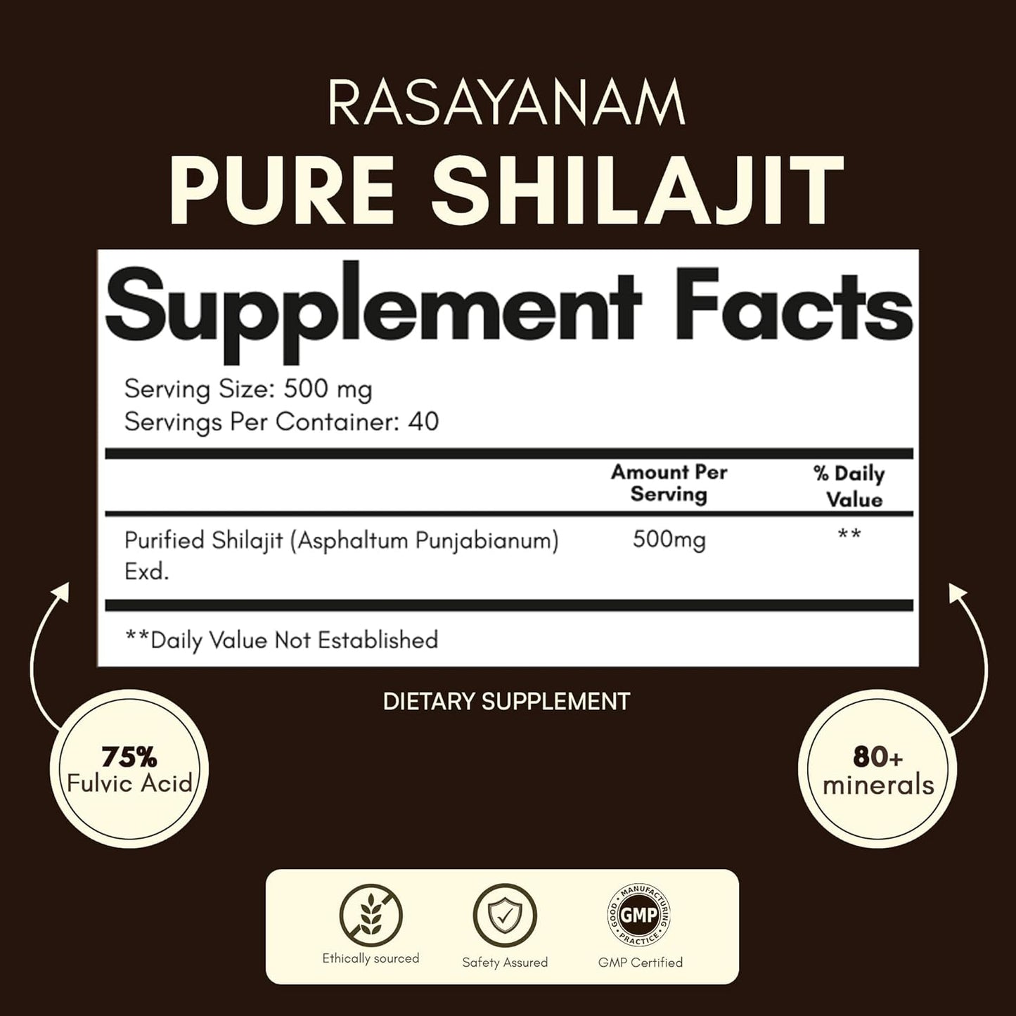 Rasayanam Pure Shilajit supplement facts label on a dark background