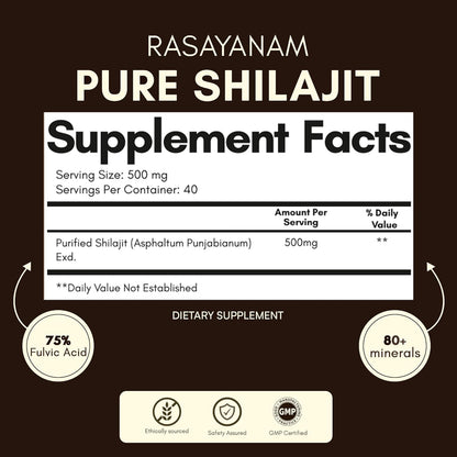Rasayanam Pure Shilajit supplement facts label on a dark background