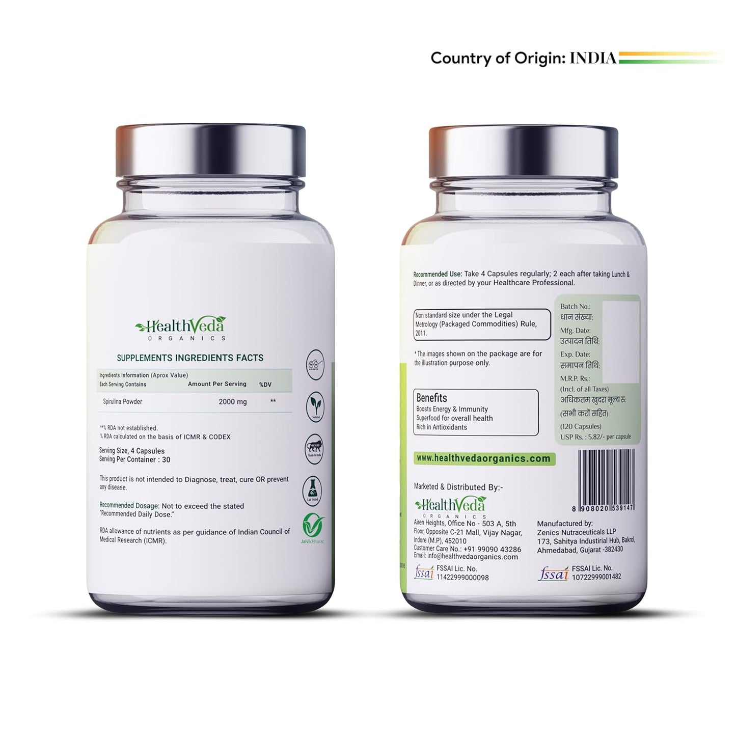 Zephivo HEALTH VEDA ORGANICS PRIVATE LIMITED Plant Based Spirulina, 2000 mg | 120 Veg Capsules I Supports Weight Management & Boosts Immunity | For both Men & Women