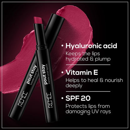 RENEE Poutstay Transfer Proof Lipstick, Smudgeproof & Transferproof, Long Lasting Matte Finish, Easy Glide Application, Infused with Hyaluronic acid, Vitamin E & SPF 20, Zia, 2 Gm
