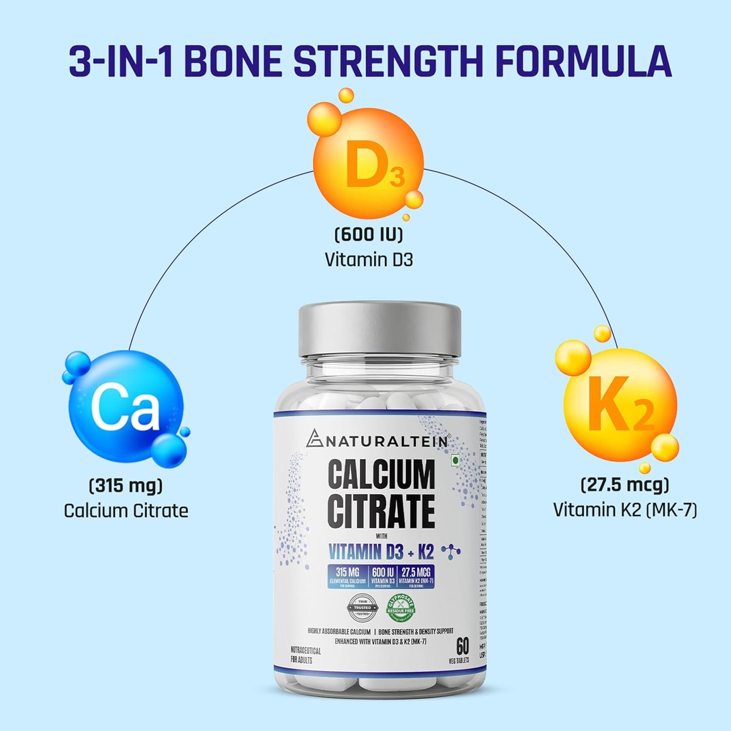 Supplement bottle labeled 'Naturaltein Calcium Citrate' with vitamins D3, K2, and Ca on a light blue background.