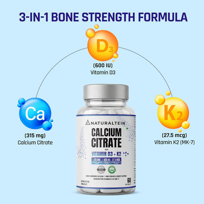 Supplement bottle labeled 'Naturaltein Calcium Citrate' with vitamins D3, K2, and Ca on a light blue background.