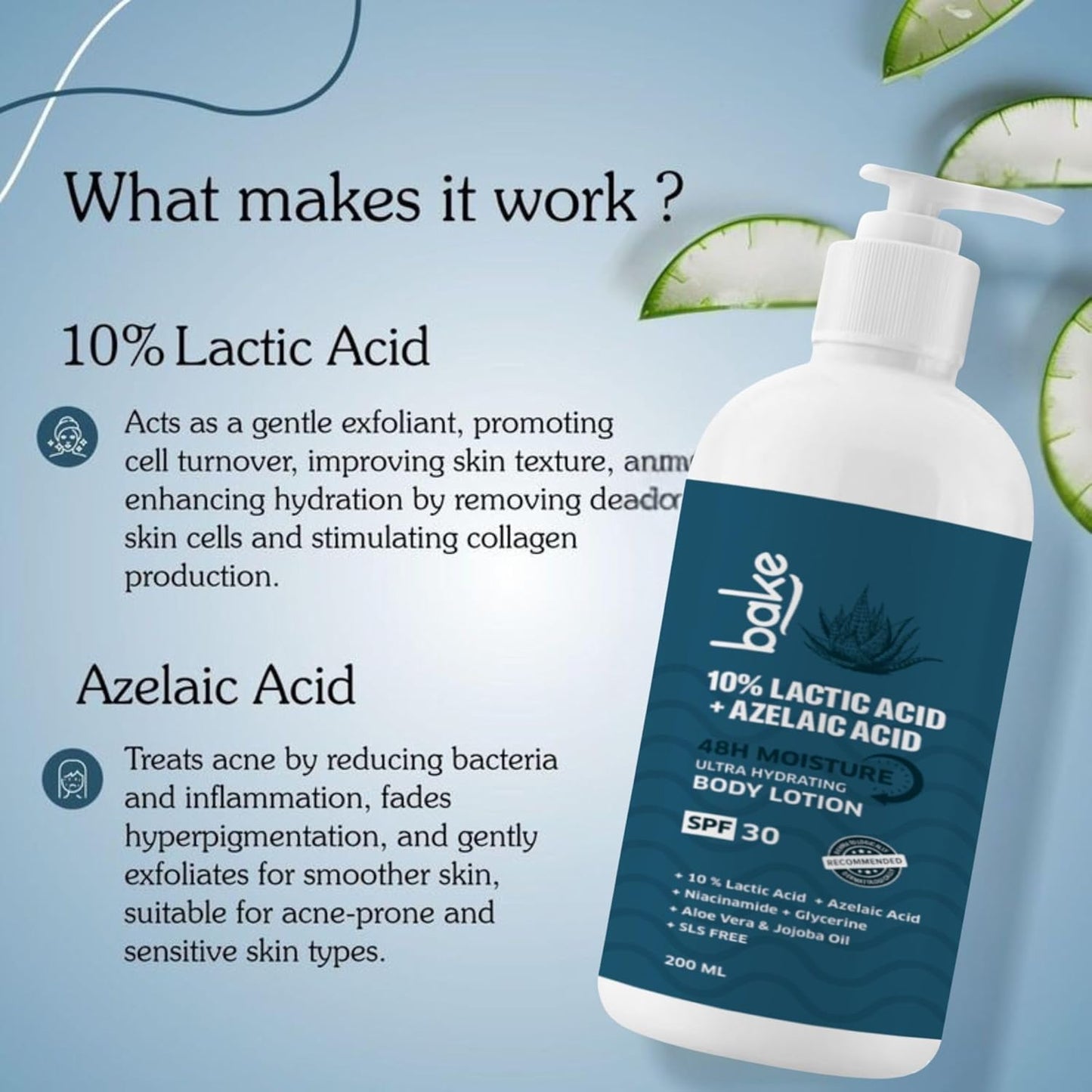 BAKE 10% Lactic Acid Body Lotion with Azelaic Acid | Smooths Rough & Bumpy Skin, Exfoliates Skin & Reduces Body Acne | Ultra Hydrating Body Lotion | 200ml