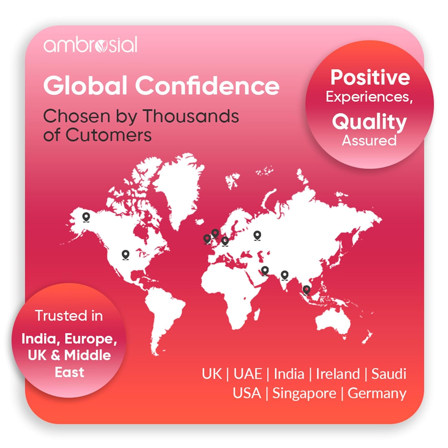 World map with pinned locations on a pink and orange background, featuring Ambrosial branding.