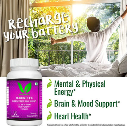 VITARUHE® High Strength Vitamin B-Complex B1, B2, B3, B5, B6, B7, B9, B12 Vegan 90 Capsules, 3 Months SUPPLY