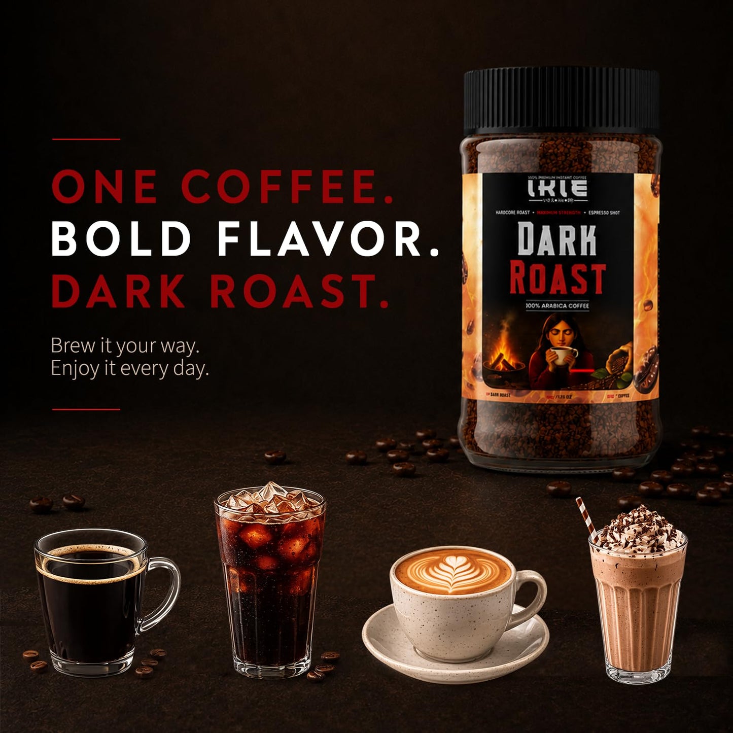 IKIE Dark Roast Instant Coffee Powder 100g | 100% Arabica | No Chicory | Intense Bold Flavour | Strong Black Coffee
