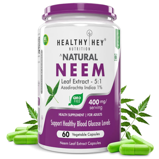 Healthy Hey Nutrition Natural Neem Leaf Extract supplement bottle with green capsules on a white background