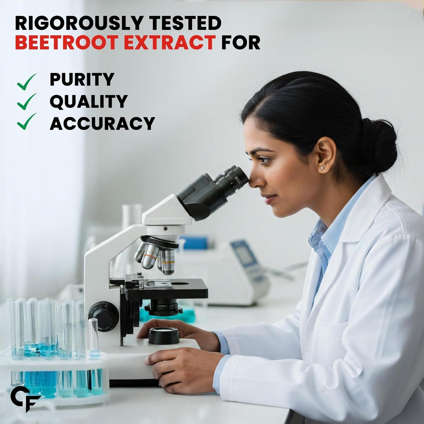 Person in a lab coat using a microscope with text about rigorously tested beetroot extract.