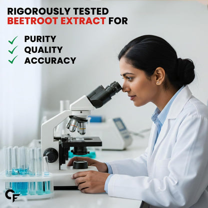 Person in a lab coat using a microscope with text about rigorously tested beetroot extract.