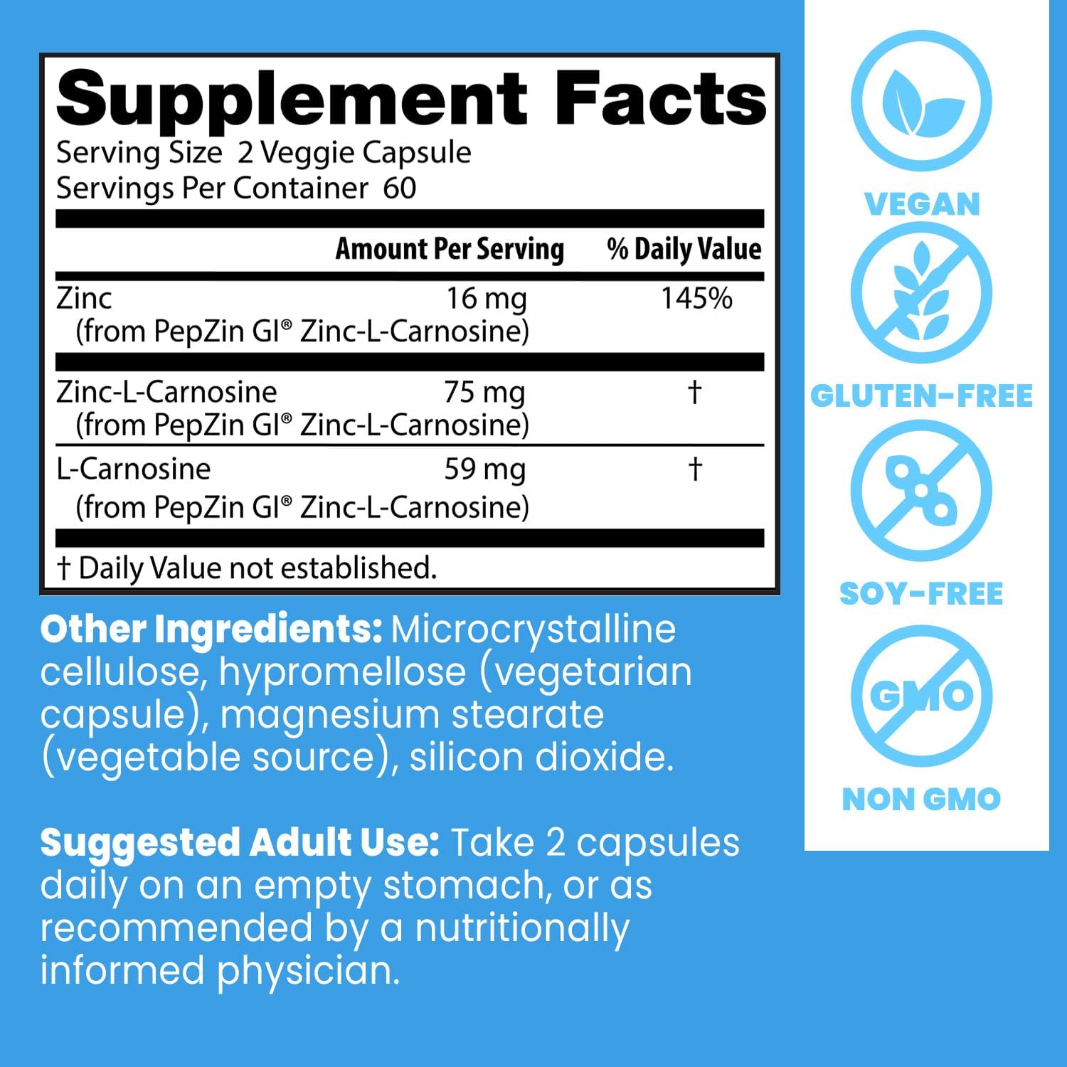 Supplement facts label with nutritional information and product details on a blue background