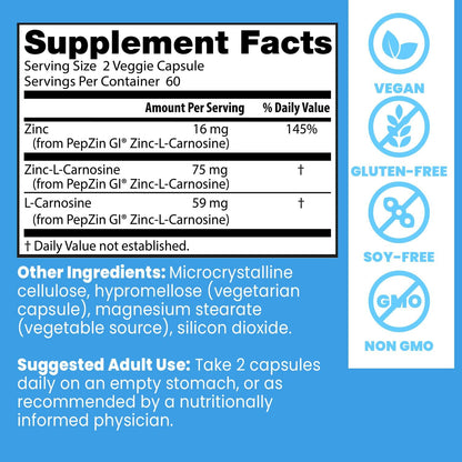 Supplement facts label with nutritional information and product details on a blue background