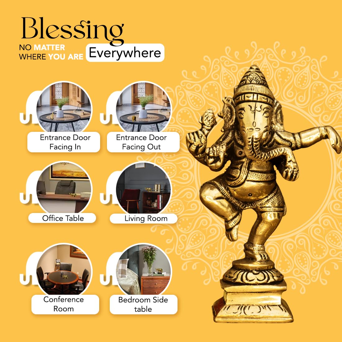 100% Pure Brass Ganesha Idol (Size: 10.5 cm) | Pital Ganesh Murti for Pooja Room, Home Decor, Office Desk and Car Dashboard | Vinayagar Statue for Diwali Puja