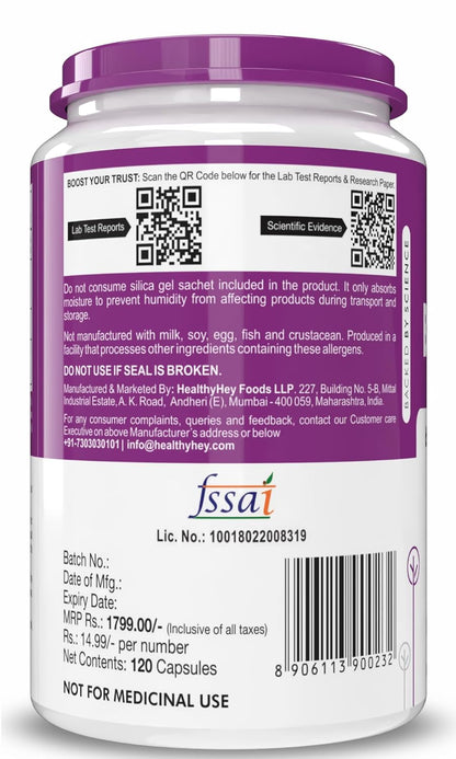 Supplement container with purple lid and white body, displaying FSSAI certification.