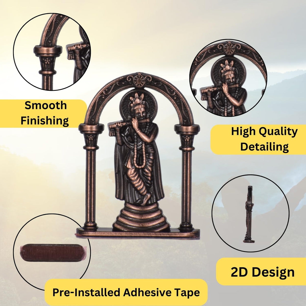 Sri Krishna with Bansuri Pose in Frame Idol for Car Dashboard – Copper Finish Decorative Murti Spiritual Krishna Ji Showpiece (S963-CPR)
