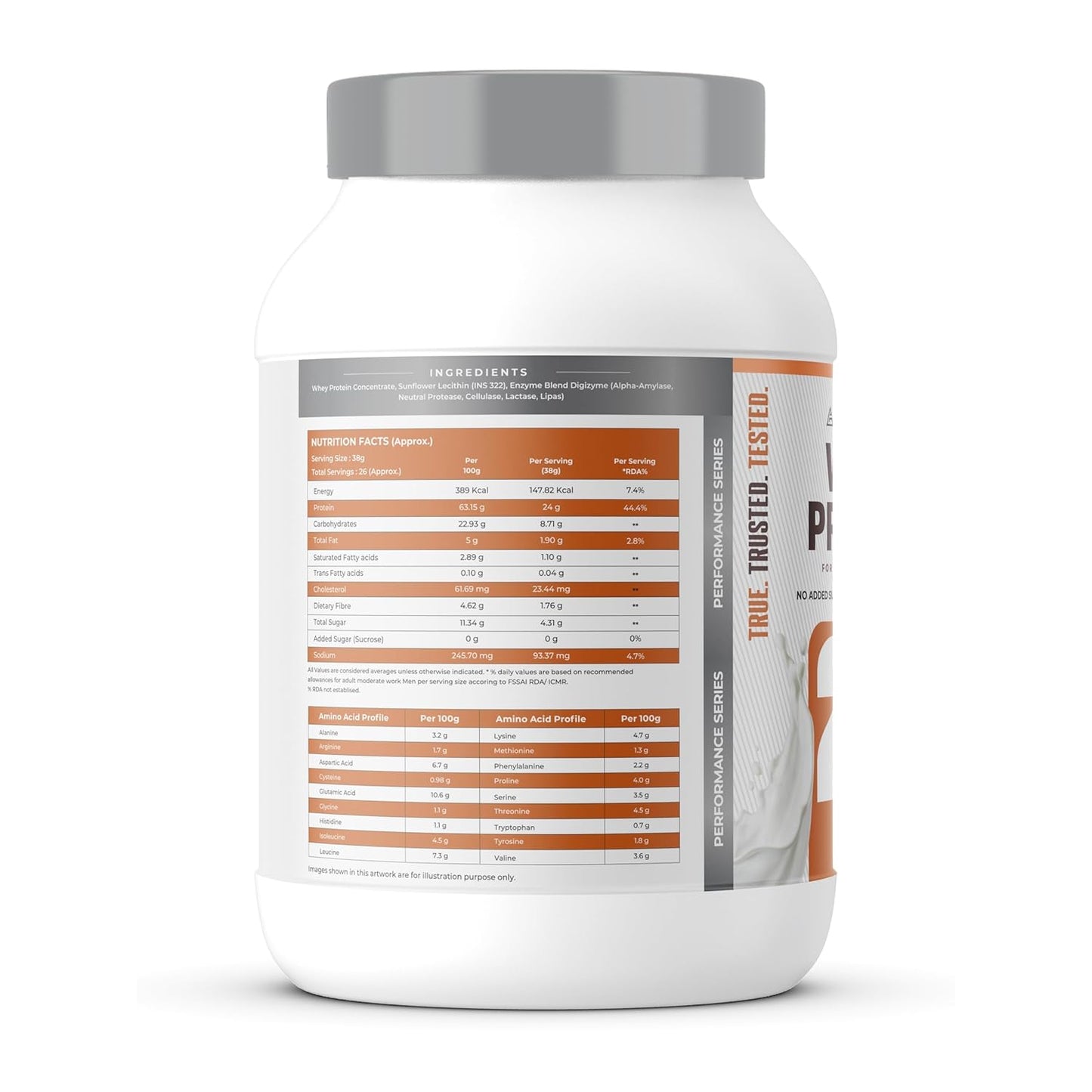 Supplement container with nutritional information label on a white background