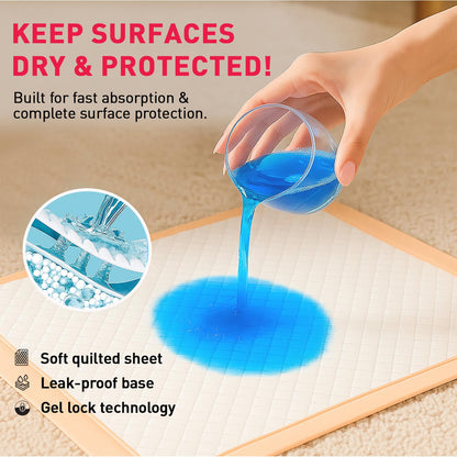 Hand pouring blue gel onto a soft quilted sheet with text about surface protection.
