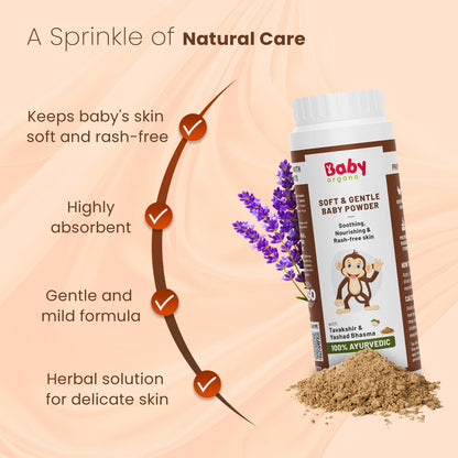 BabyOrgano 100% Natural Talc Free Baby Powder for 0+ Years | Soft & Gentle Diaper Powder with Tavakshir & Yashad Bhasma | SLS & Paraben Free | 100g (Pack of 1)