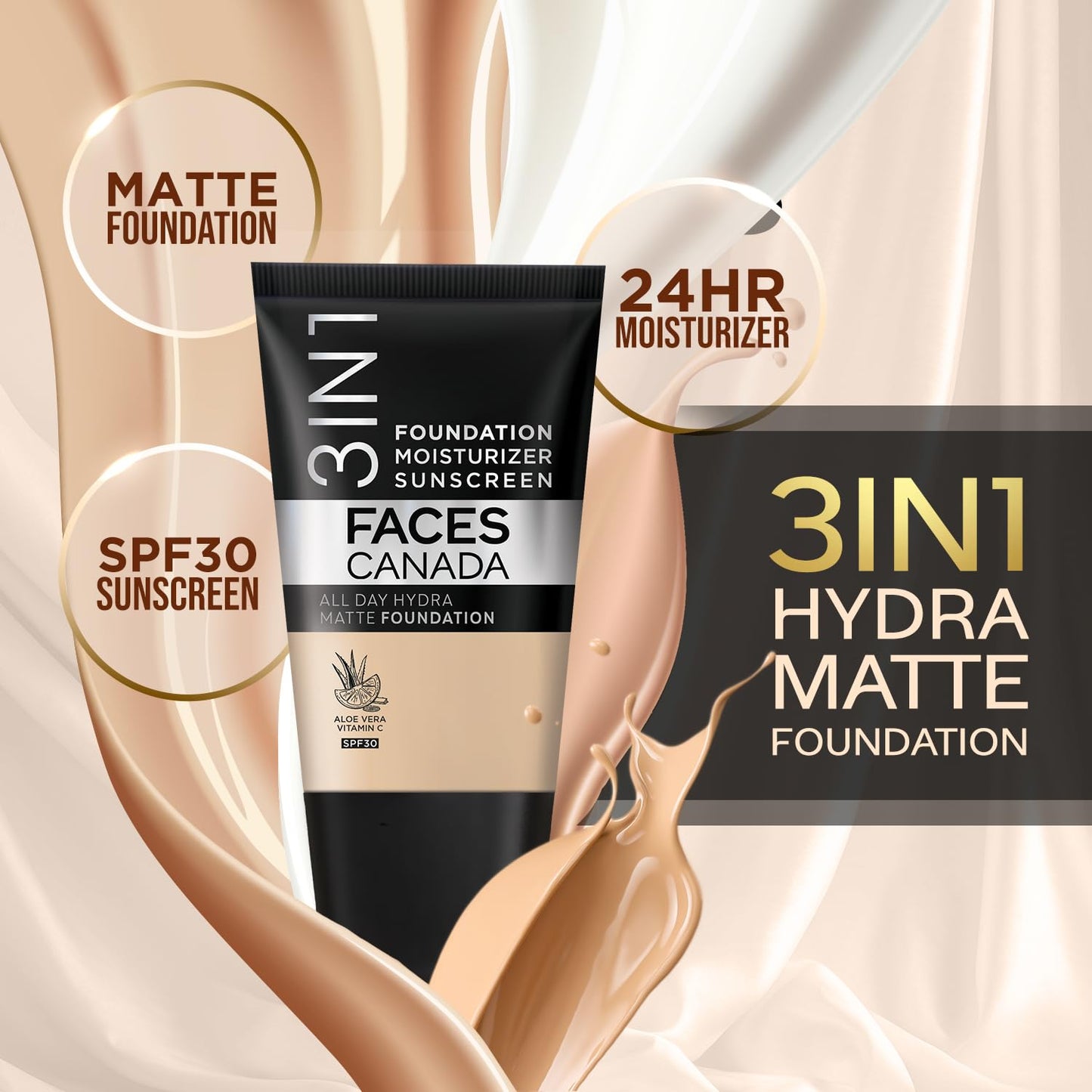 FACESCANADA Cream All Day Hydra Matte Foundation - Mini|3in1 Foundation + Moisturizer + SPF 30|24 HR Aloe Hydration & Vitamin C| 10HR Wear | Medium to High Buildable Coverage | Medium Natural (18 ml)
