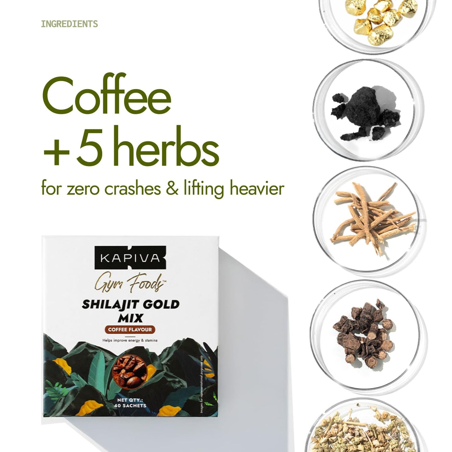 Kapiva Shilajit Gold Mix | Natural Pre Workout | 40 Servings | Coffee flavour | Boosts testosterone, Energy & Focus in gym | 102mg coffee