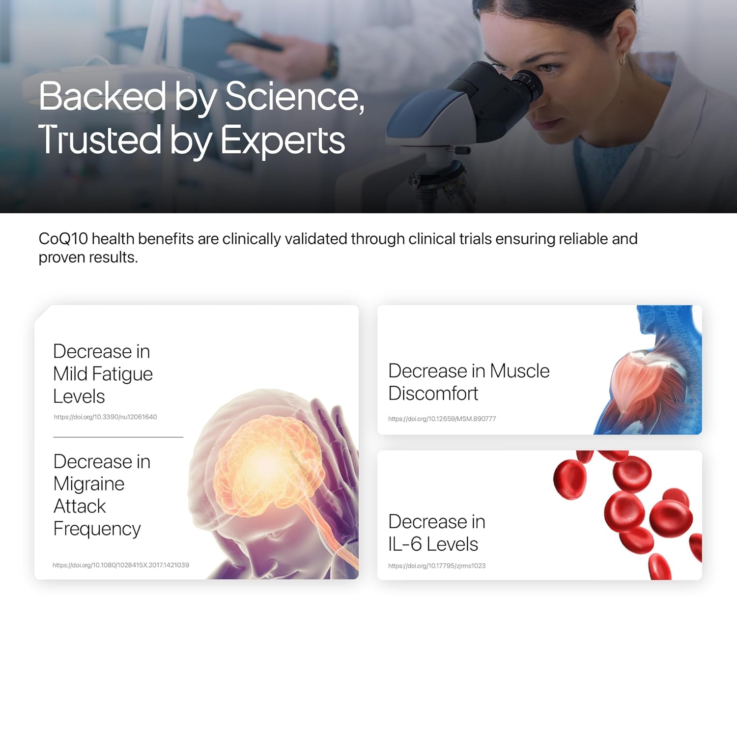 Advertisement for CoQ10 health benefits with a scientist using a microscope and text about clinical trials.