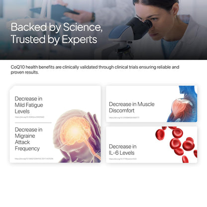 Advertisement for CoQ10 health benefits with a scientist using a microscope and text about clinical trials.