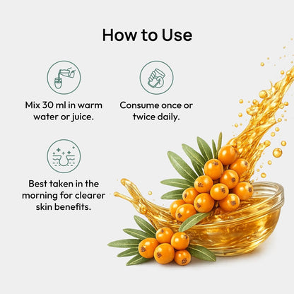 Instructions on how to use a sea buckthorn product with a glass bowl and berries.