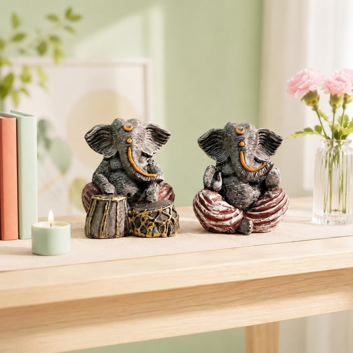 Beautiful Resin Ganesha Pair for Home Decor | Brings Prosperity - (Grey & Red, Pack of 2)