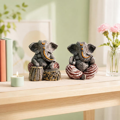 Beautiful Resin Ganesha Pair for Home Decor | Brings Prosperity - (Grey & Red, Pack of 2)