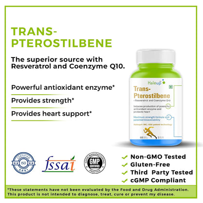 Haleup 99% Pure Trans-Pterostilbene with Resveratrol | Potent Antioxidant | High Bioavailability | Promotes Healthy Ageing | Skin Health (1 pack X 60s count)