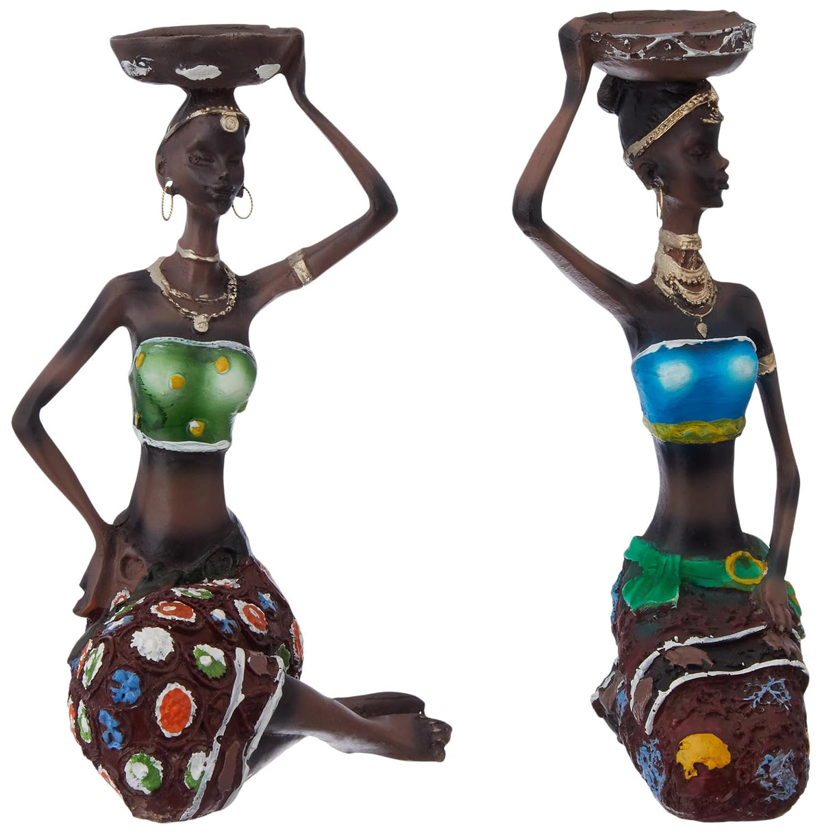 Handcrafted Home Decor Art Piece | Sitting African Tribal Women with Candle Holder | Set of 2 (Multicolor)