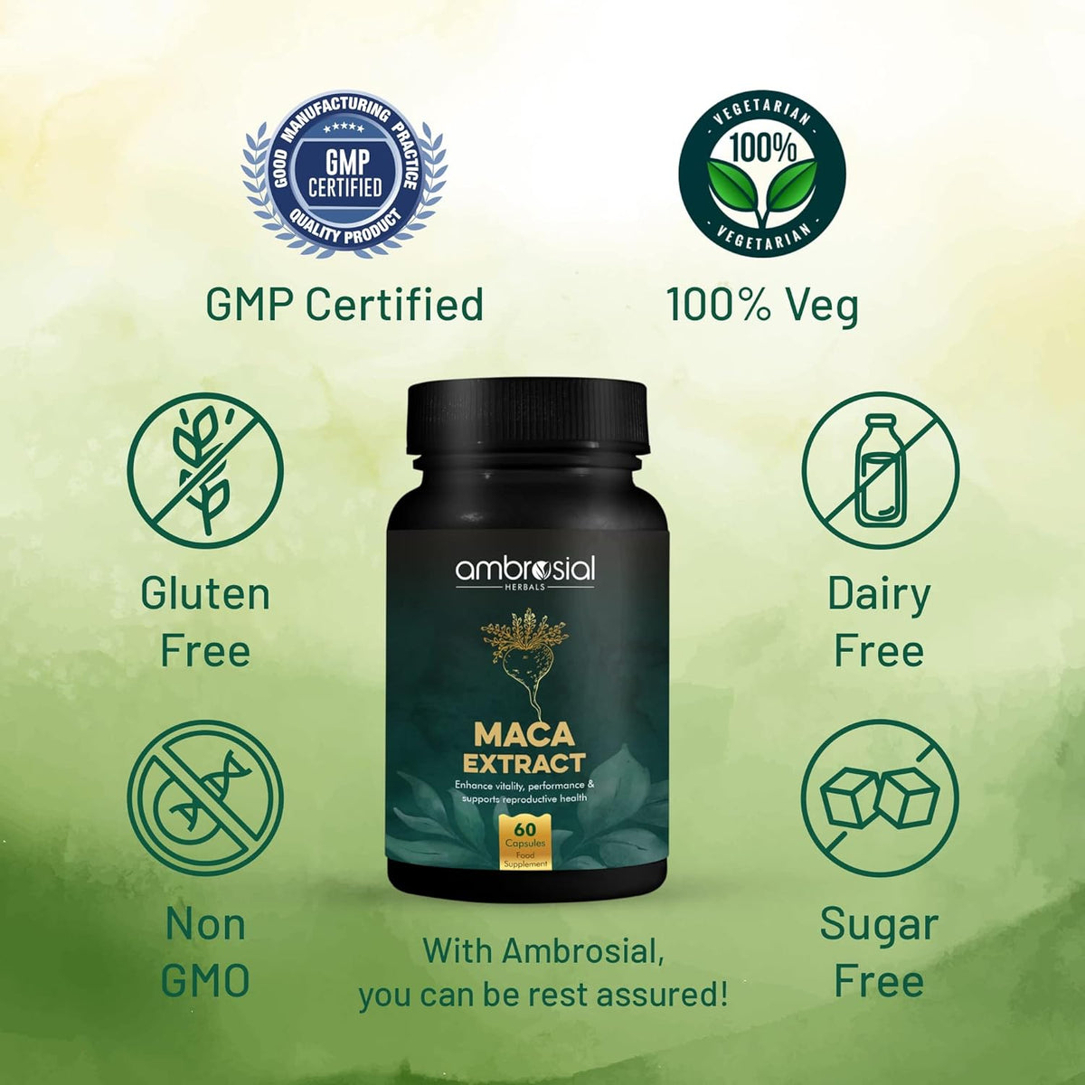 Maca extract supplement bottle with certification icons on a green background
