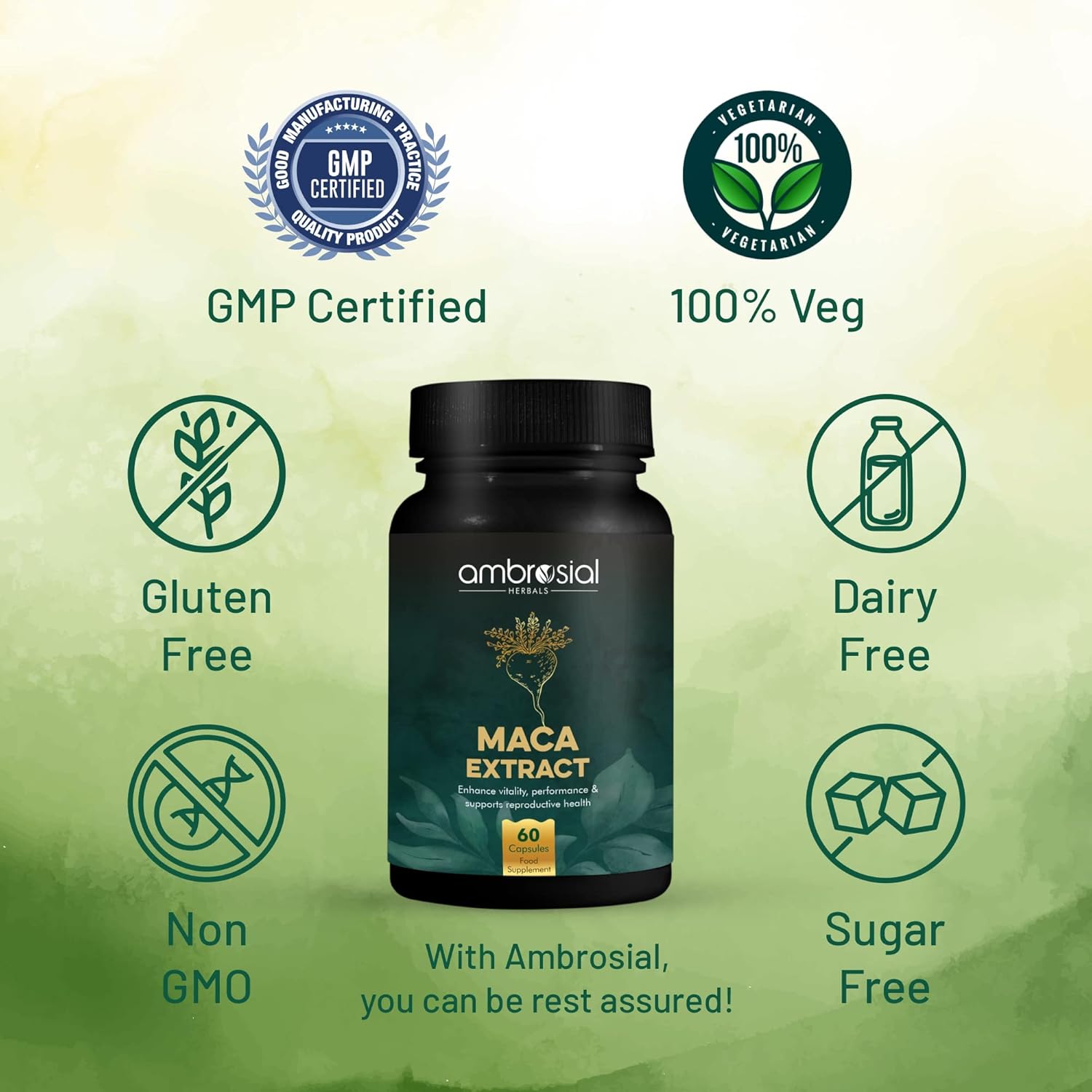 Maca extract supplement bottle with certification icons on a green background