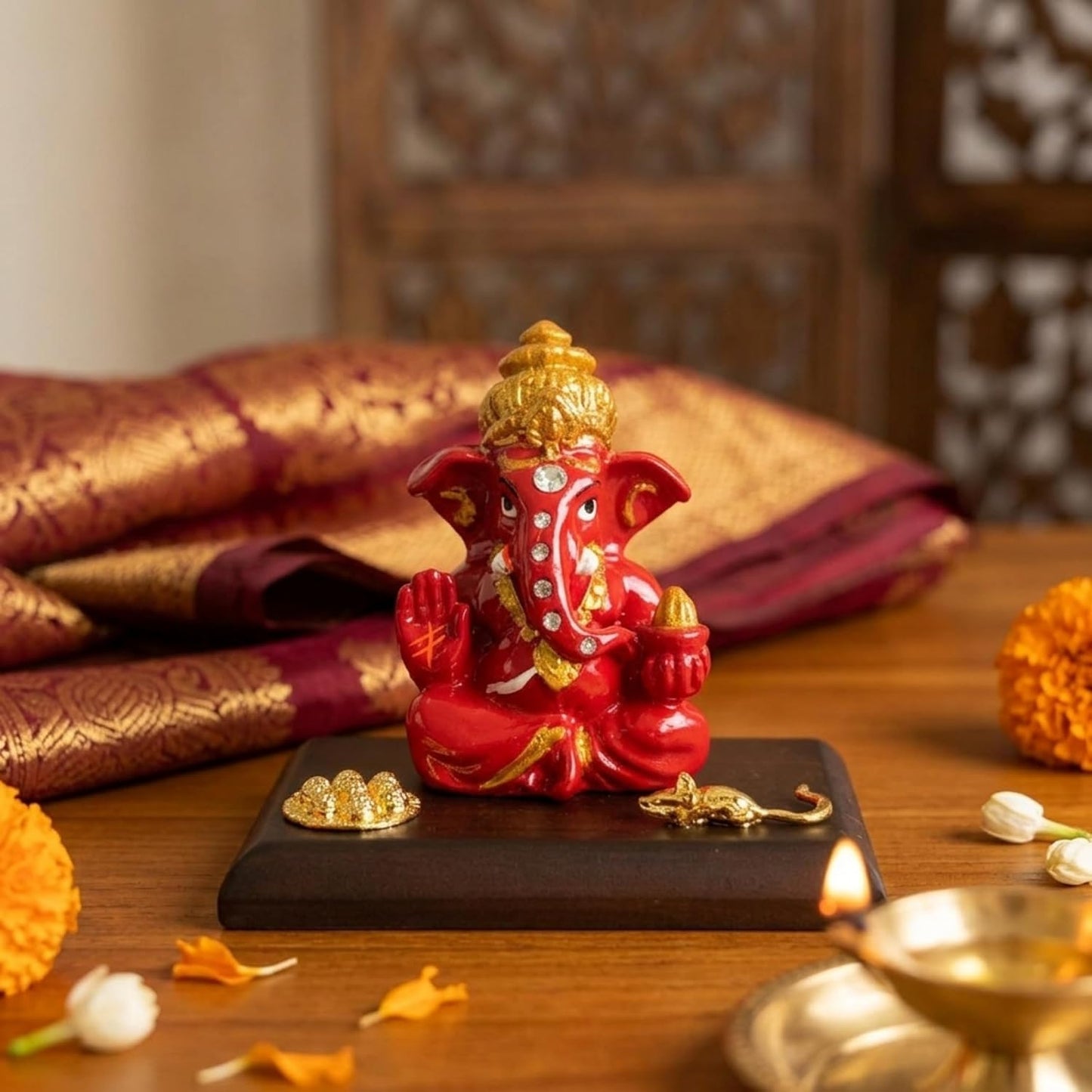 eCraftIndia Red Blessing Ganesha Statue | Lord Ganesha Idol for Home Decor Car Dashboard | Ganesh Ganpati Murti Gift for Diwali Housewarming Birthday