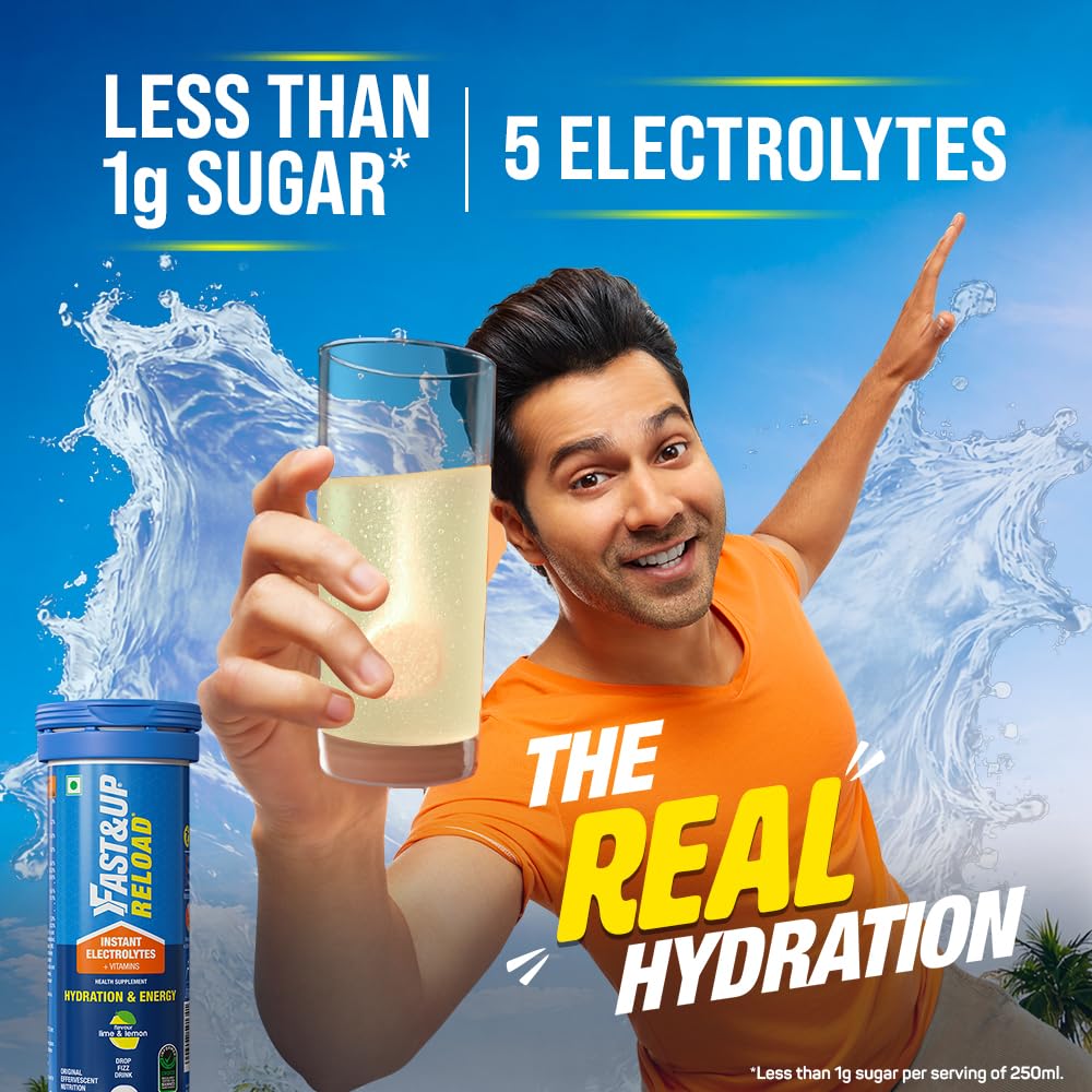 Fast&Up Reload (2.5 Litres) Low Sugar energy drink for Instant Hydration - 10 Effervescent Tablets with 5 Essential Electrolytes + Added Vitamins- Certified Electrolytes Drink - Lime and Lemon flavour