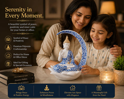 Blue & White Meditating Buddha Idol – Resin Showpiece with Moon & Lotus Hand Base for Home Decor, Office & Spiritual Gift