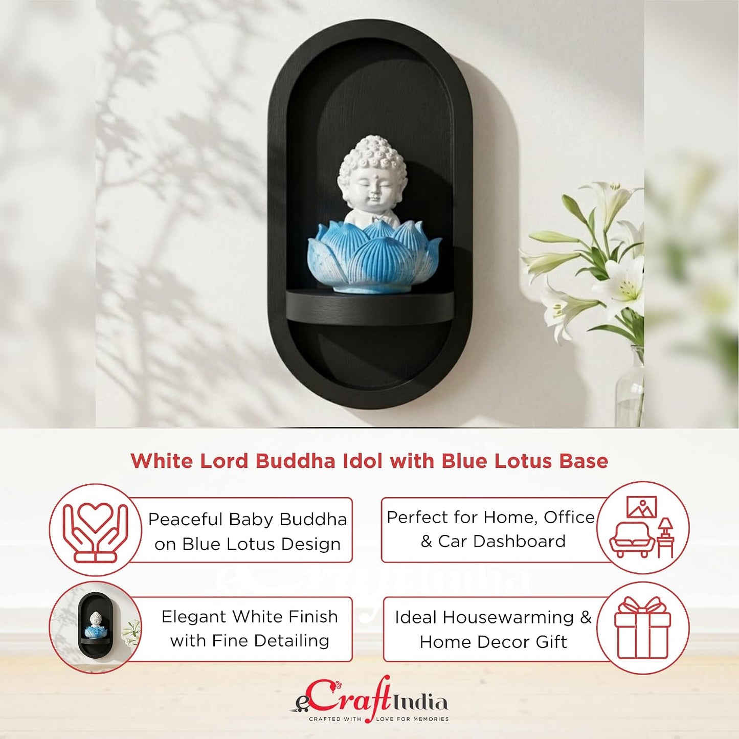 eCraftIndia White Lord Buddha Idol in Blue Lotus Base | Baby Buddha Statue for Car Dashboard Office Home Decor | Gift for Diwali Housewarming Birthday