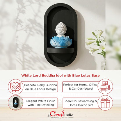 eCraftIndia White Lord Buddha Idol in Blue Lotus Base | Baby Buddha Statue for Car Dashboard Office Home Decor | Gift for Diwali Housewarming Birthday