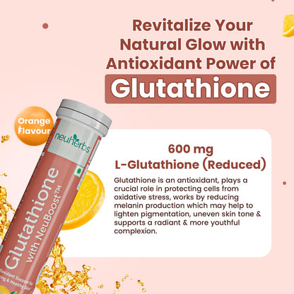 Neuherbs Glutathione 600mg - 15 Effervescent Tablets For Healthy & Glowing Skin | L-Glutathione Tablets With Hyaluronic Acid, Vitamin C & E For Skin Glow, Hydration & Anti Pigmentation | Orange Flavour