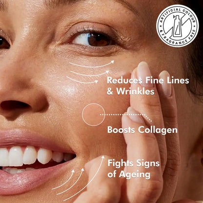 Woman's face with text highlighting skin care benefits
