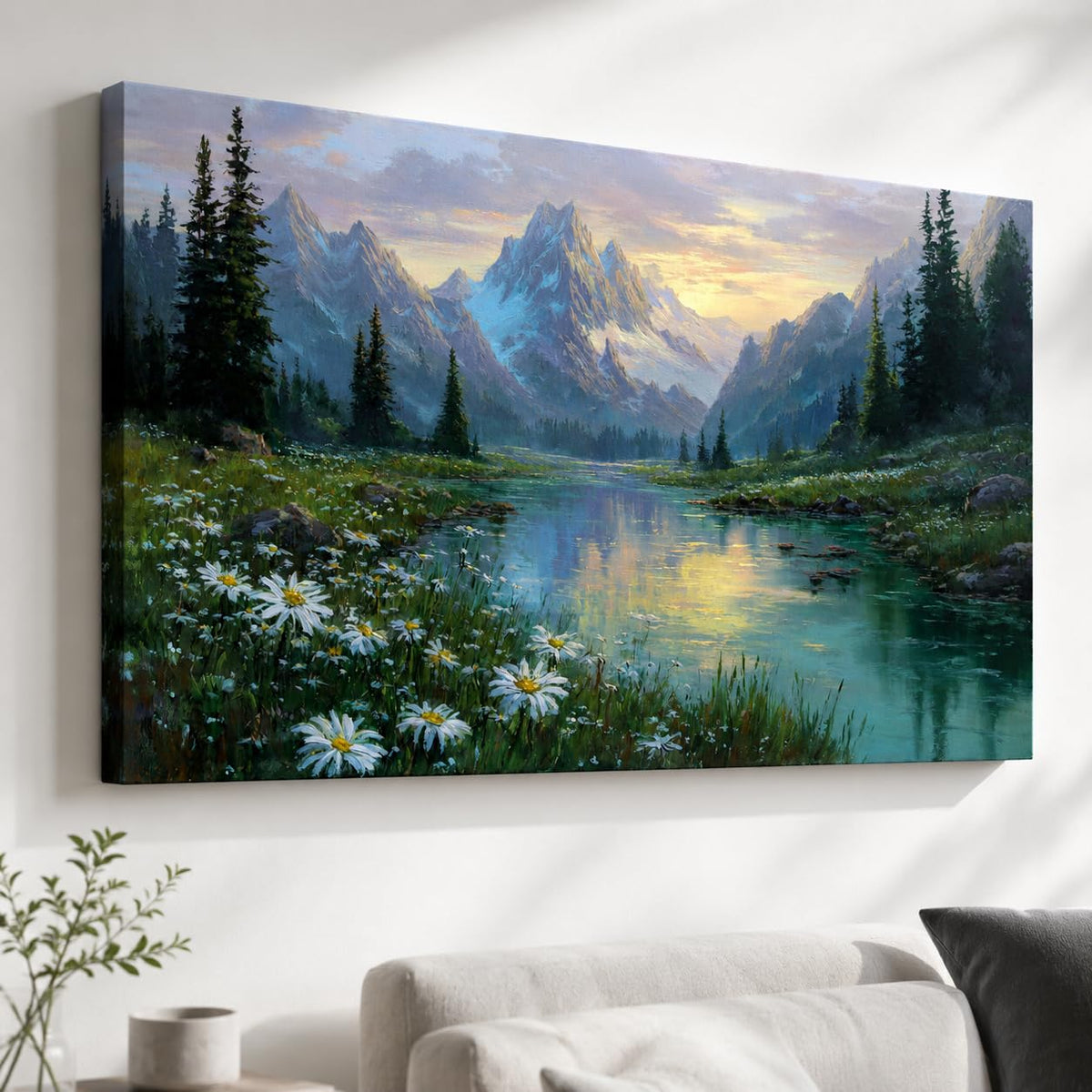 Mountain Landscape Canvas Wall Art Big Size | Nature Painting for Living Room Bedroom | Scenic Lake Premium Home Decor Wall Decoration (40 X 24 INCH, Unframed - LARGE)