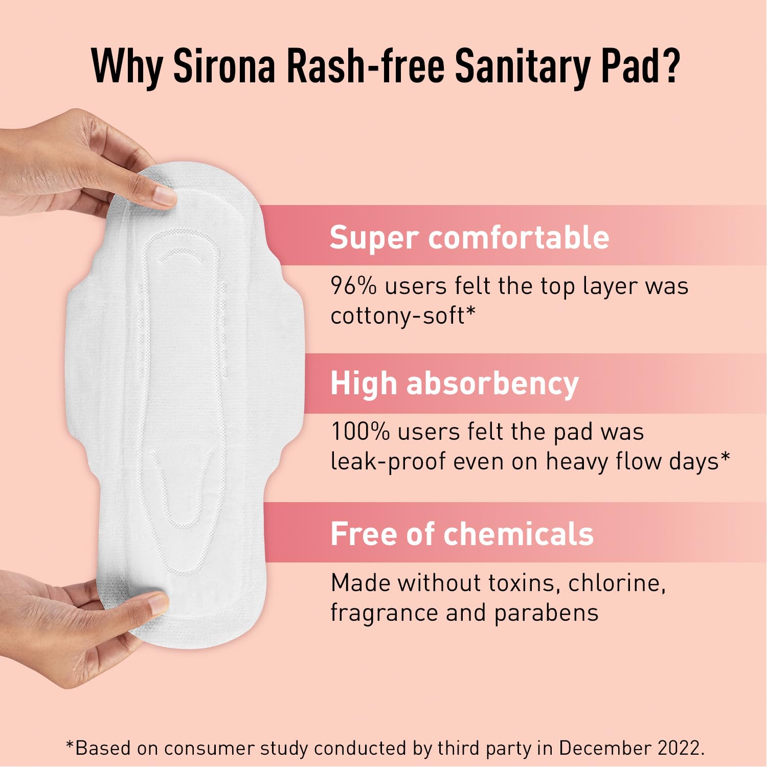 Sirona Rash-free Sanitary Pad with features on a pink background