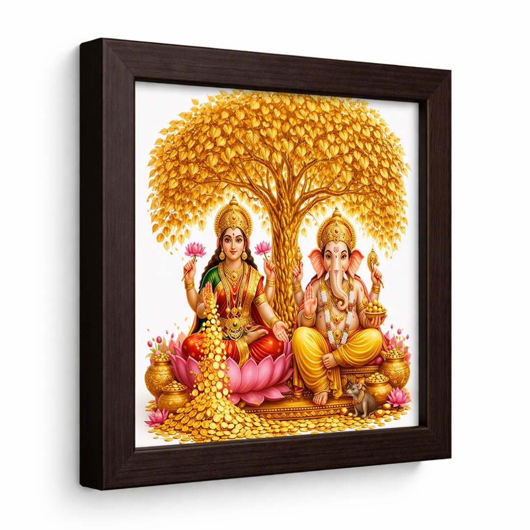 Laxmi Ganesha Gold Coin Golden Tree Money Magnet Vastu Prosperity Hindu Spiritual Mandir Religious Framed Poster Artwork Decor Painting