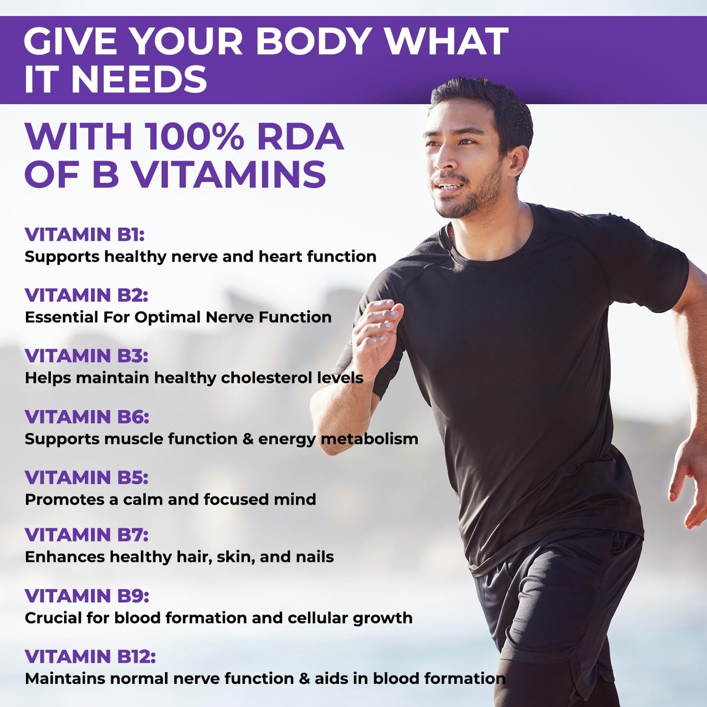 Man running with vitamins B1 to B12 listed on a purple and white background
