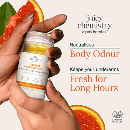 Juicy Chemistry Organic Deodorant Stick with Blood Orange & Geranium, 40g | Long-Lasting Odour Protection | Underarm Brightening | Neutralises Body Odour | Cruelty Free & Vegan | Dermatologically Tested