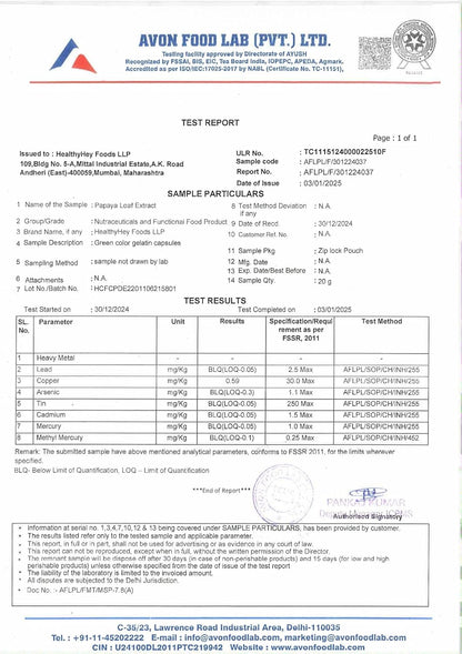 Avon Food Lab test report with various parameters and results.