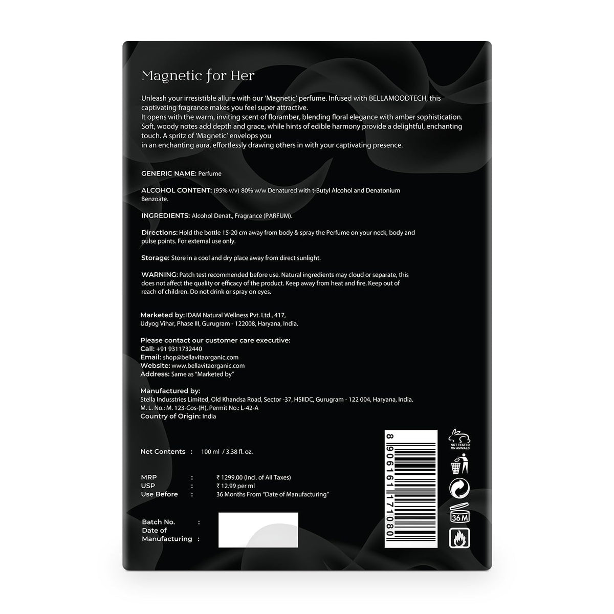 Back label of a perfume bottle with text and branding details on a white background