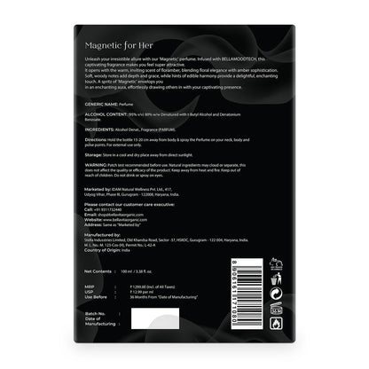 Back label of a perfume bottle with text and branding details on a white background