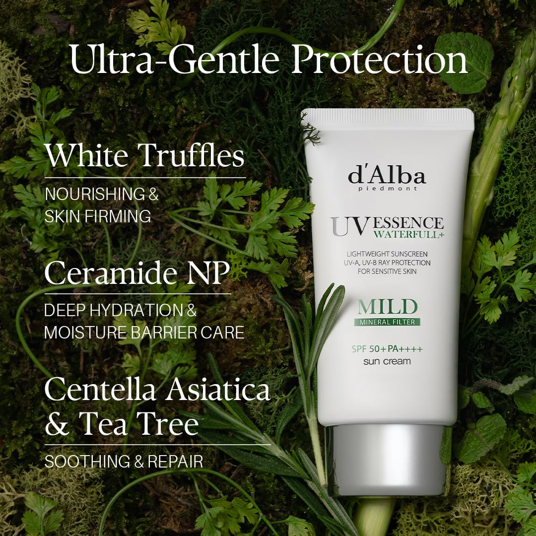 d'alba Piedmont Italian White Truffle Waterfull Mild Sunscreen, Vegan Skincare, Mineral With Spf 50+ Pa++++, Non-Nano, Suitable For Sensitive Skin, Gentle And Light Finish - 50ml